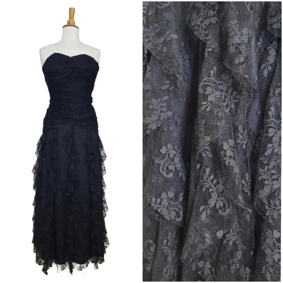 Jessica McClintock 2 Vintage Lace Overlay Mermaid Dress Strapless in Black - Picture 6 of 12